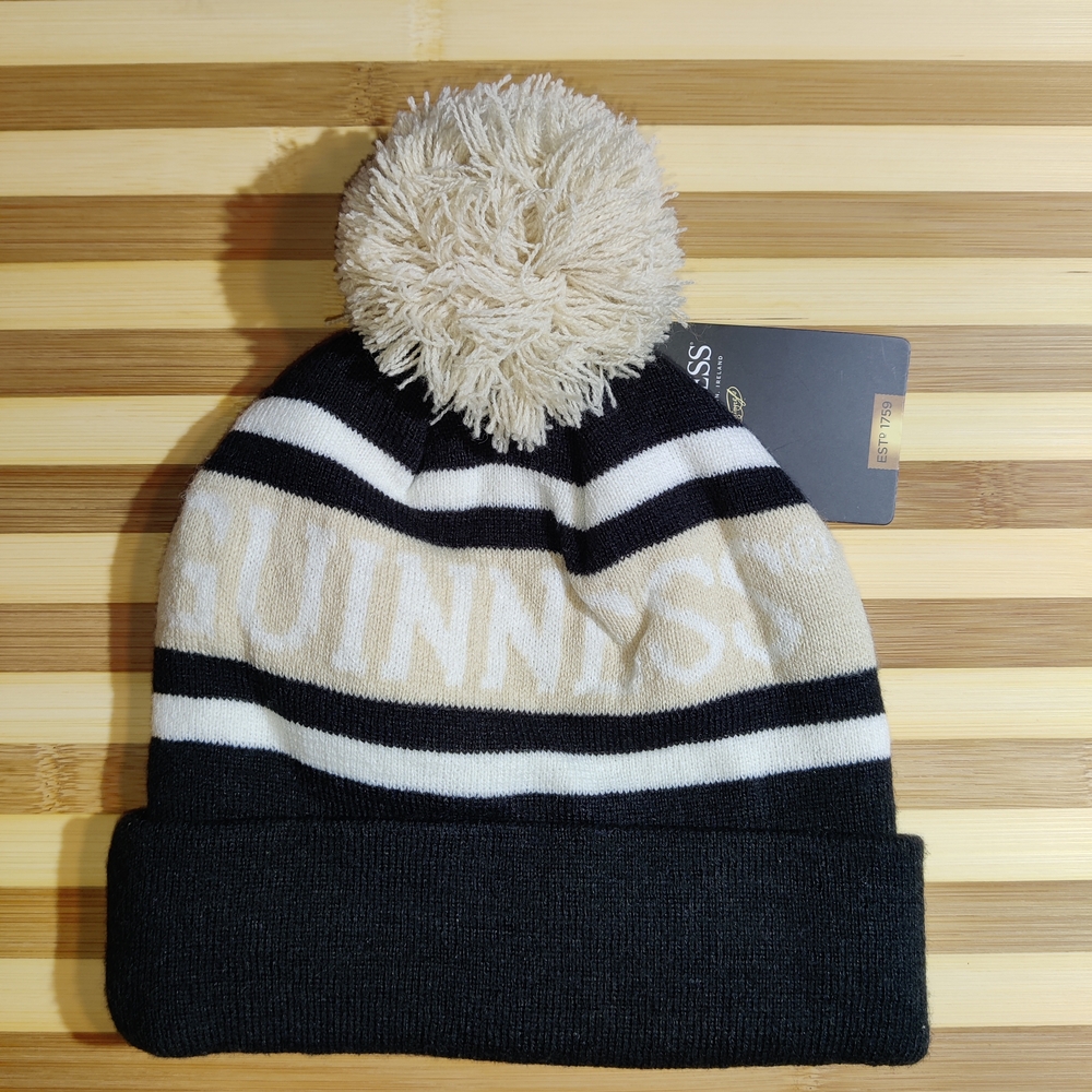Guinness Black and White Premium Beanie, rib knit, Guinness harp, pom pom - OS - Picture 3 of 3